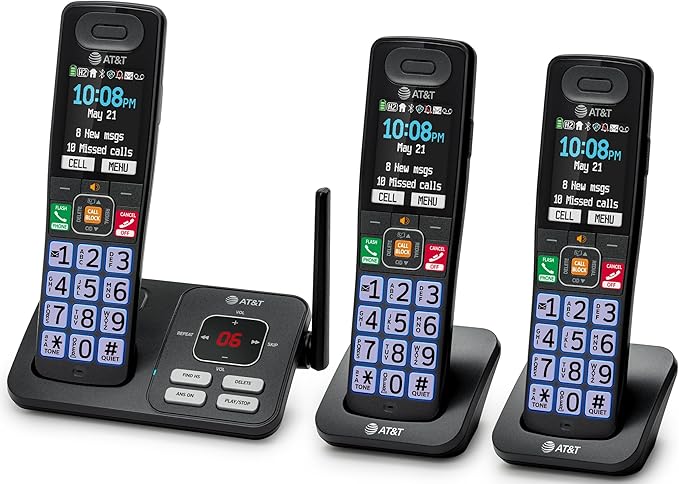 AT&T Cordless Phone, Landline Phones for Home with Smart Call Blocker, 3 Handsets Bluetooth Phone, Large Color Display, Big Buttons, Long Range, Digital Answering System: BL108-3 (Charcoal & Silver)