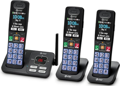 AT&T Cordless Phone, Landline Phones for Home with Smart Call Blocker, 3 Handsets Bluetooth Phone, Large Color Display, Big Buttons, Long Range, Digital Answering System: BL108-3 (Charcoal & Silver)