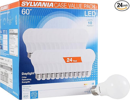 Sylvania LED A19 Light Bulb, 60W Equivalent, Efficient 8.5, 10 Year, W, 5000K, 800 Lumens, Frosted, Daylight (74766) (Pack of 1, 24 Count Total)