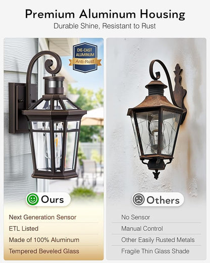 2 Pack Motion Sensor Outdoor Porch Lights Wall Mount, Oil Rubbed Bronze Outside Garage Lights Wall Lantern, Dusk to Dawn Exterior Lighting Fixtures, Anti-Rust Outside Sconce Light for Patio