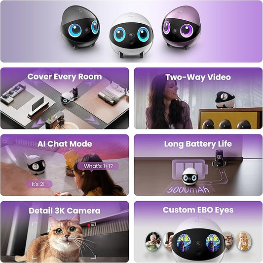 Enabot EBO Air 2 Plus FamilyBot 3K Home Camera Robot: Indoor Camera, Movable Robot Companion, 2-Way Video, AI Chat Mode, Auto-Recharge, Long Battery Life, Custom Facial Image, Night Vision
