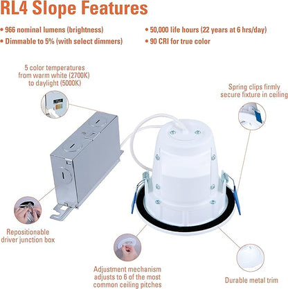 HALO RLS 4 in Adjustable Canless Recessed LED Downlight for Sloped Ceilings with Selectable Color Temperature 2700K-5000K, Dimmable, 900 Lumens, IC-Rated RLS4099FS1EWHDMR