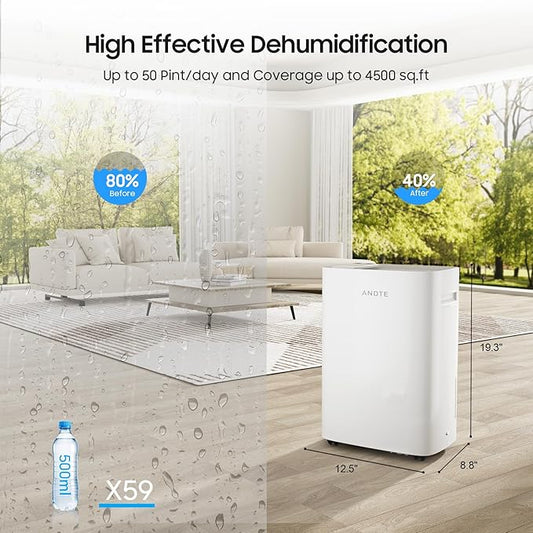 4500 Sq.Ft Dehumidifier for Basement with Drain Hose, ANDTE 52 Pints Smart Compressor Dehumidifiers for Home Large Room, Bathroom, Intelligent Humidity Control, Touch Control Panel, Auto Defrost