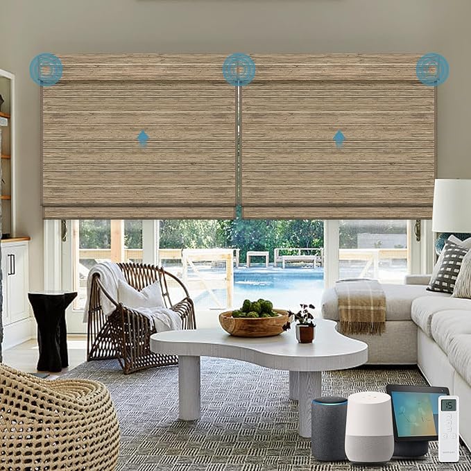 Motorized Roman Woven Woods Shades Work with HomeKit/Alexa/Google Home, Cordless Motorized Roman Shades,Electric Roman Blinds Custom Size,Crocheting Chestnut