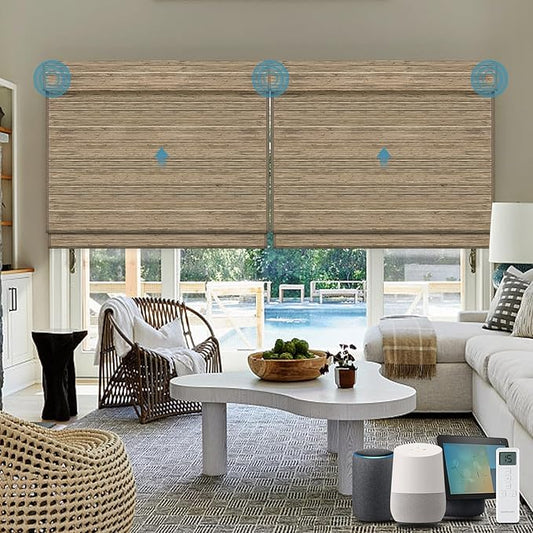 Motorized Roman Woven Woods Shades Work with HomeKit/Alexa/Google Home, Cordless Motorized Roman Shades,Electric Roman Blinds Custom Size,Crocheting Chestnut