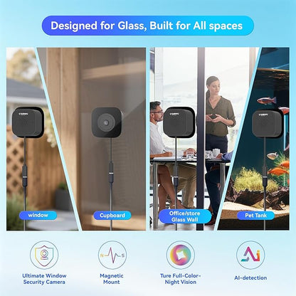 Magnetic Window Camera, Window Security Camera with Night Vision, 3MP 2K Indoor Camera for Home Security, OpenAI GPT Enabled, 24/7 Recording, Person/Vehicle Detection, Black
