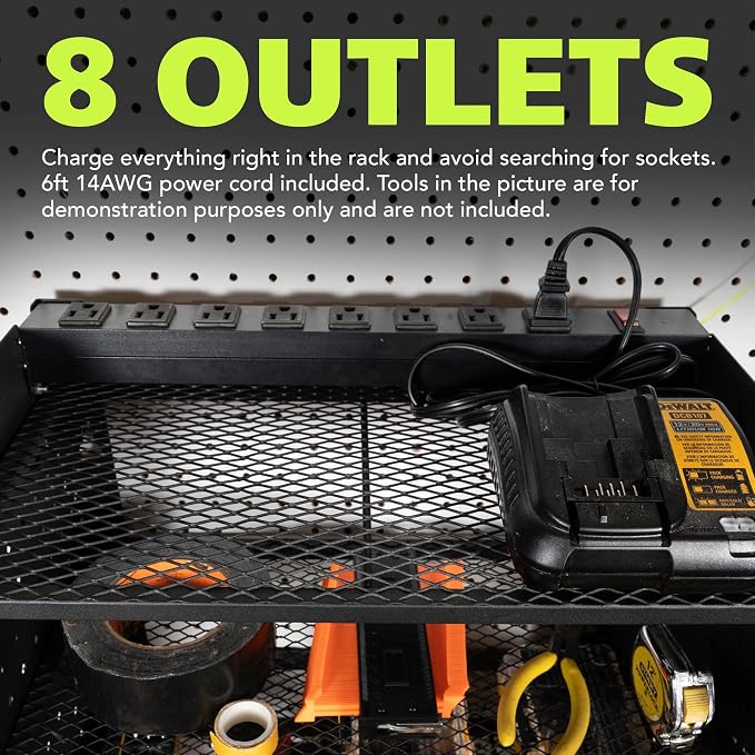 Pearington Modular Pegboard Rack, Power Tool Organizer with Battery Charging Station, Power Strip, 4-Layer Wall Mount Drill Holder