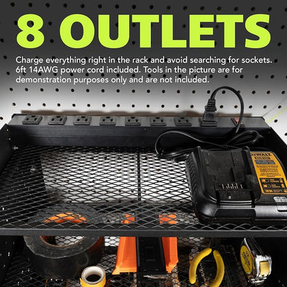 Pearington Modular Pegboard Rack, Power Tool Organizer with Battery Charging Station, Power Strip, 4-Layer Wall Mount Drill Holder