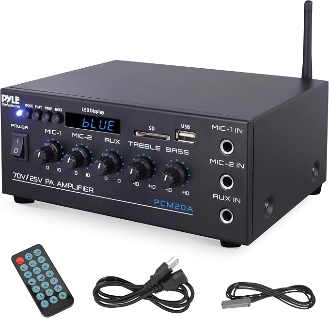 Pyle Compact Mini Home Power Amplifier - 40W Smart Small Audio Stereo Receiver w/ AUX 2 Microphone IN COM/8-Ohm/25V/70V Speakers LED Input Selector For PA Amplified Speaker Sound System - PCM20A