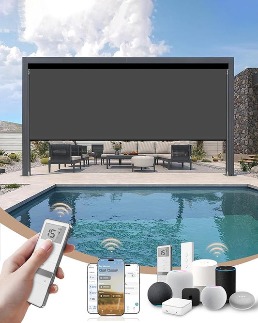 Kincmo Motorized Outdoor Shades for Patio Porch, Custom Outdoor Motorized Blinds with Remote, Waterproof & Windproof Patio Shades Work with Apple Home,Alexa,Google (0% Openness Dark Grey)
