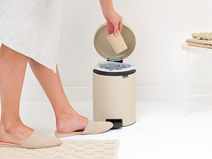 Brabantia New Icon Step Trash Can (1.3 Gal/Soft Beige) Soft Closing Kitchen Garbage/Recycling Can with Removable Bucket