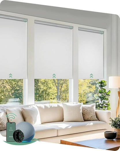 Yoolax Motorized Blinds with Remote, 100% Blackout Smart Roller Shades Work with Alexa, Google, Apple Homekit, Custom Automatic Shades with Voice Control for Bedroom Office (Pure White)