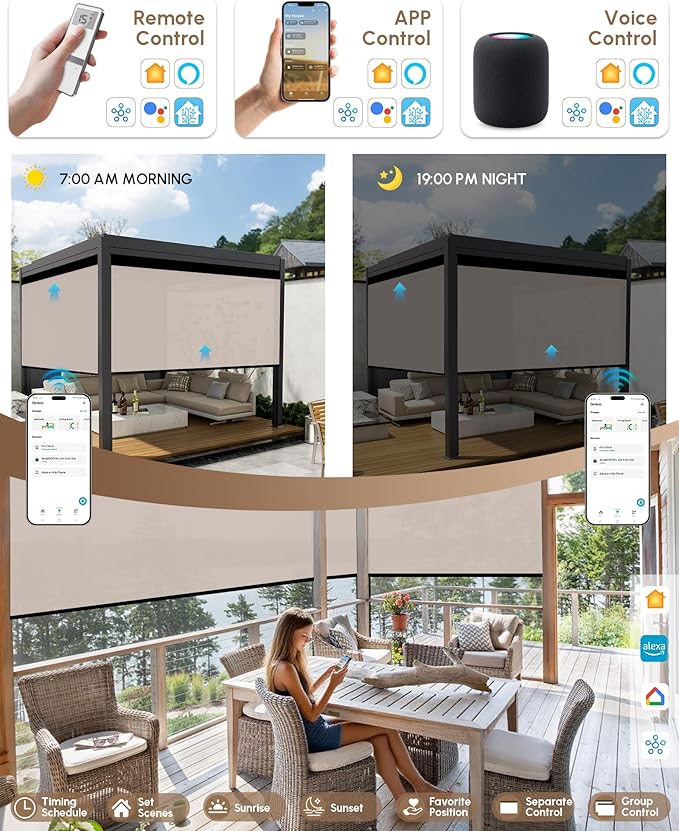 Kincmo Motorized Outdoor Shades for Patio Porch, Custom Outdoor Motorized Blinds with Remote, Waterproof & Windproof Patio Shades Work with Apple Homekit,Alexa,Google (1% Openness Beige)