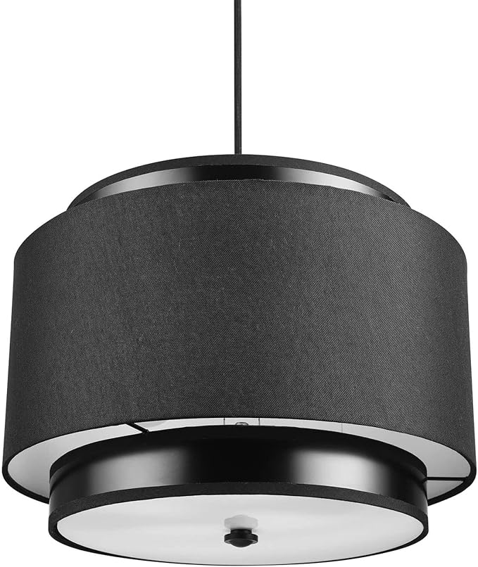 Globe Electric 61189 2-Light Pendant Light Fixture, Matte Black, Linen Outer Shade, Fabric Cord, Dining Room Fixture, Kitchen Island Lighting, Living Room Pendant Light, Hanging Lights for Bedroom