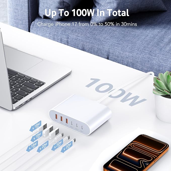 100W USB C Fast Charger Block Compact GaN 6 Port PD USB C and QC USB A Wall Charger Type C Charging Station Hub Adapter Plug Cube Brick for iPhone 17 16 15 14 Pro Max iPad Pro Air Samsung Pixel LG | USB Charger Station Hub, Multiport Charging Block Cub...