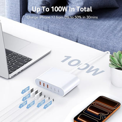 100W USB C Fast Charger Block Compact GaN 6 Port PD USB C and QC USB A Wall Charger Type C Charging Station Hub Adapter Plug Cube Brick for iPhone 17 16 15 14 Pro Max iPad Pro Air Samsung Pixel LG | USB Charger Station Hub, Multiport Charging Block Cub...