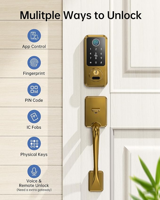 Hornbill Keyless Entry Door Lock, Smart Front Door Lock Set, Smart Deadbolt Keypad Handle Set for Home/House/Airbnb/Office, Auto-Lock,Satin Brass