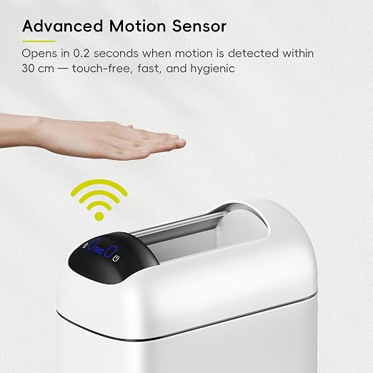 EKO Astro Slim Sensor Trash Can, 10L / 2.6 Gallon Touchless Garbage Bin with Soft-Close Retractable Wing Lid, Motion Sensor Stainless Steel Garbage Can for Bathroom, Kitchen, Office, Waterproof, White