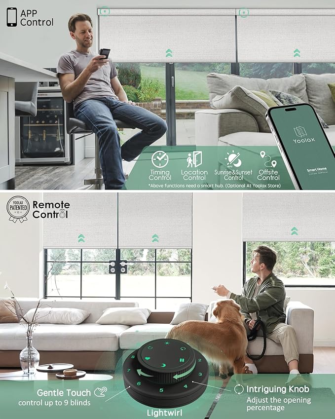 Yoolax Motorized Blinds with Remote, 100% Blackout Smart Blinds Work with Alexa, Google, Apple Homekit, Motorized Shades for Bedroom, Custom Electric Shades Voice Control (Fabric Grayish White)