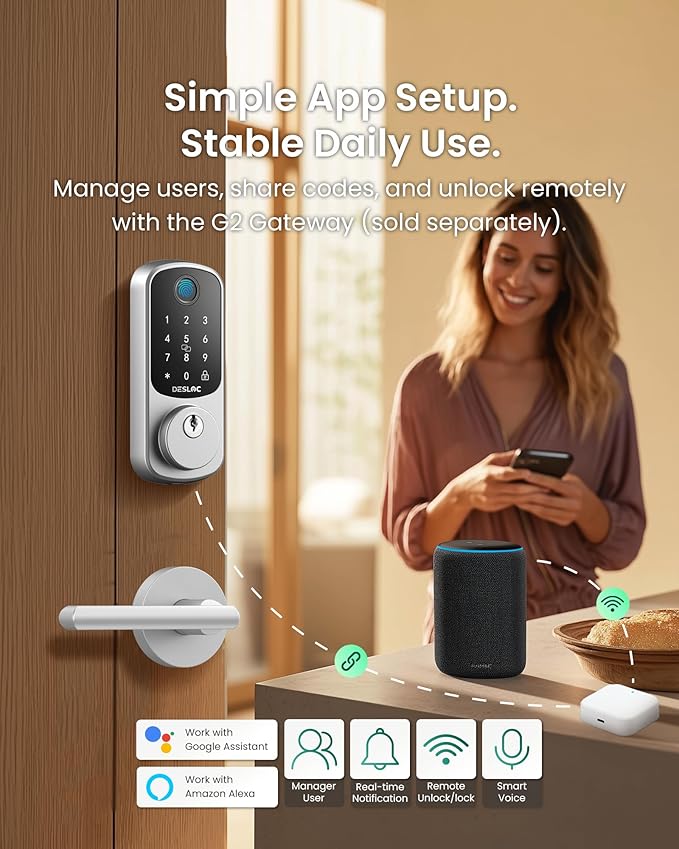 DESLOC B200 Fingerprint Smart Lock with 2 Lever Handles, Keyless Entry Front Door Lock Set, Electronic Keypad Deadbolt, App Control, Auto Lock, Long Battery Life,Silver