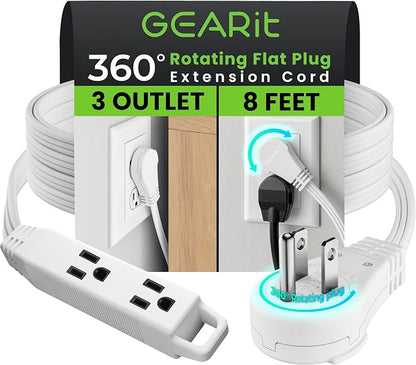 GEARit 8 ft 360° Rotating Flat Plug Extension Cord, 3 Outlet Low Profile Power Cord, 16 AWG 13A 3 Prong Grounded Indoor Cord, ETL Listed, Space-Saving for Furniture, White