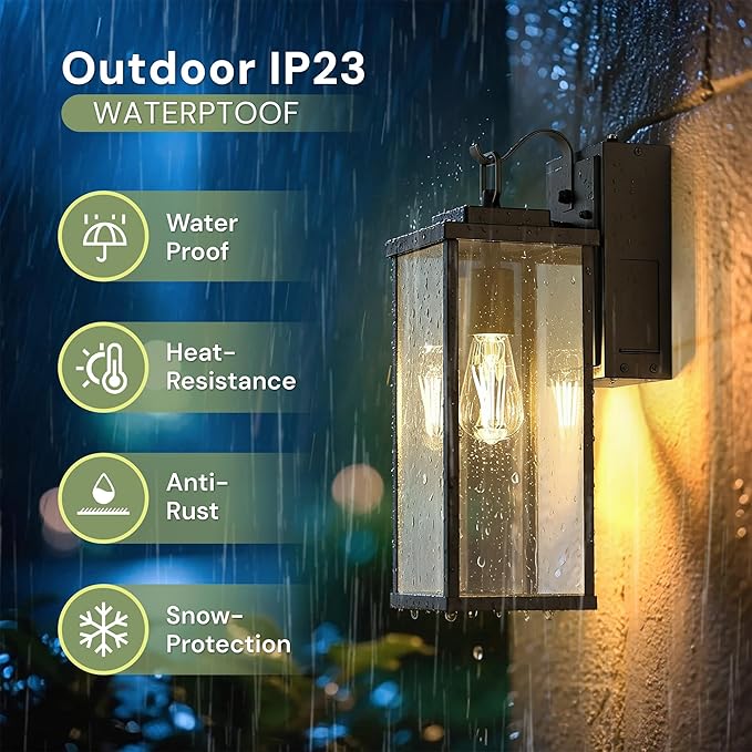 L LOHAS LED Upgraded Dusk to Dawn Outdoor Wall Lights with GFCI Outlet, 17 Inch Matte Black Waterproof Anti-Rust Outdoor Light Fixtures with Clear Glass, Exterior Light Fixtures for Porch, Garage, ETL