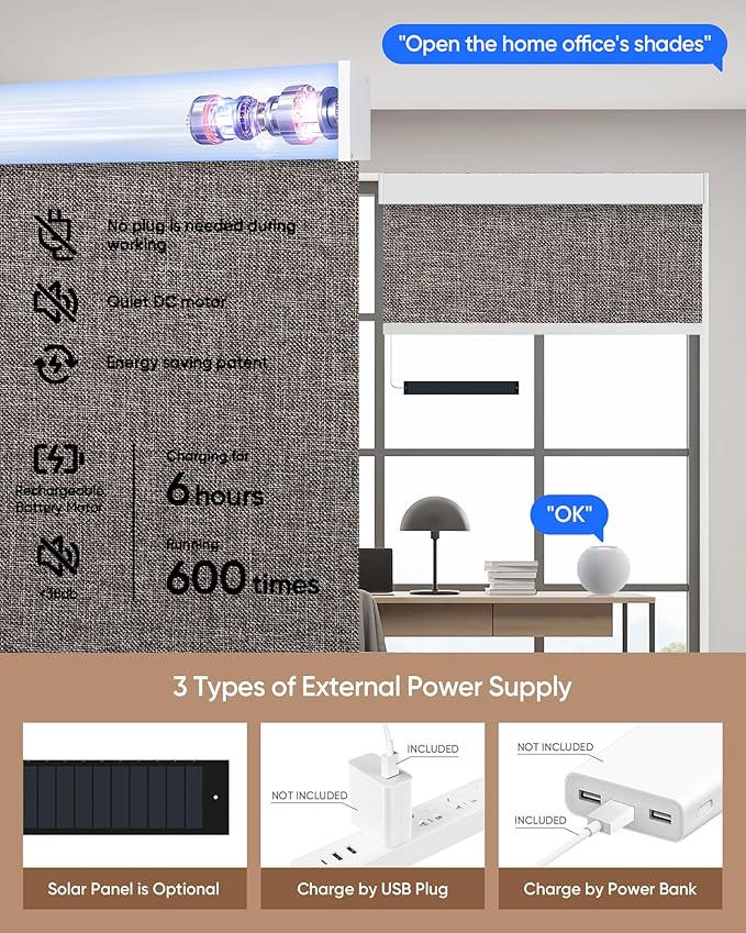 Motorized Blinds with Remote: Kincmo 100% Blackout Roller Shades Work with Apple Homekit,Alexa,Google Home, Customized Electric Blinds with App,Voice Control (100% Blackout Natural Walnut)