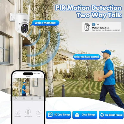 CKK 2MP Dual Lens Camera,Wireless WiFi 2.4/5GHz Outdoor Security Cameras Plug&Play for 10X Zoom Pan&Tilt 360°,AI Motion Detection/Light Alarm, 24/7 Recording, Work w/Alex