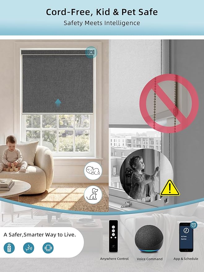 SmartWings Motorized Smart Blinds with Remote, Custom Automatic 100% Blackout Roller Shade Compatible with Alexa/Homekit/Google, Electric Smart Blinds for Indoor Windows, Bouvardia Dark Grey