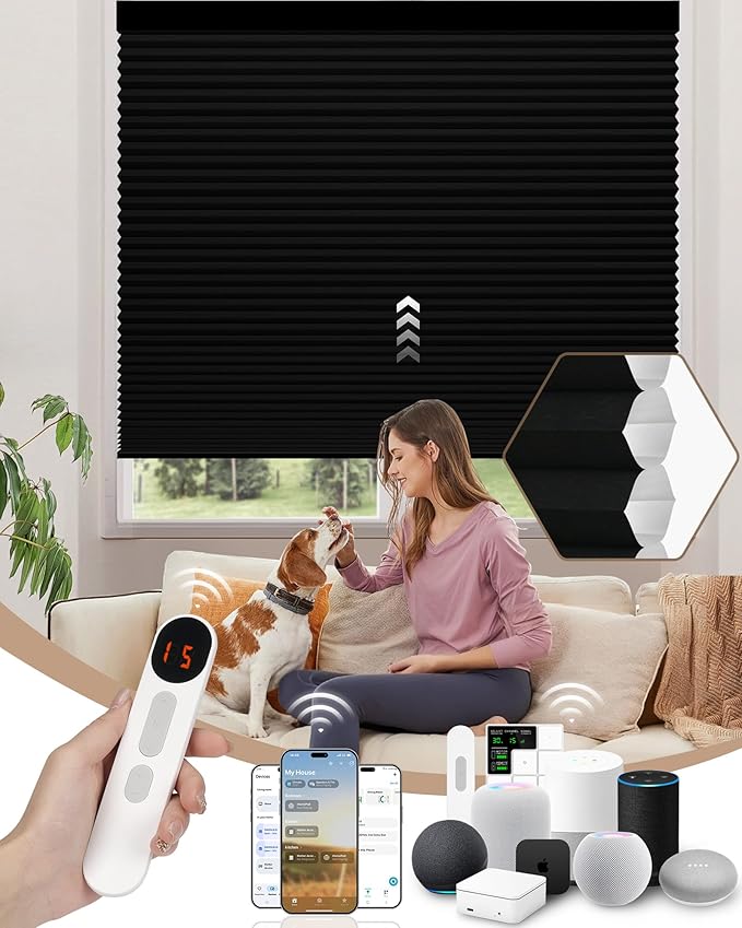 Kincmo Motorized Cellular Shades, Custom Motorized Blinds with Remote, Cordless Smart Electric Honeycomb Blinds Work with Apple HomeKit, Alexa, Google (100%-Blackout-Single-Cell Black)