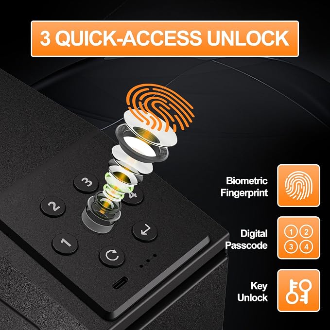 Biometric Slider Figerprint Handgun Safe with Auto Sliding Door&Keypad&Key | PINEWORLD Interior Light & Emergency Power Supply& Voice Navigation & Mute Mode, For Home, Nightstand, Car,Travel. Nice Gift