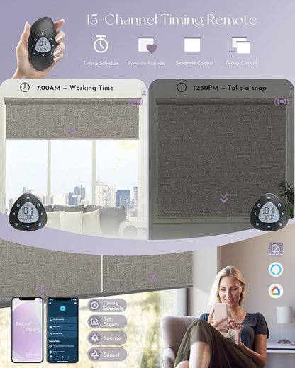 Graywind Motorized Shades 100% Blackout Compatible with Alexa Google WiFi Hardwired Smart Roller Shade Remote Control Automated Window Blinds with Valance, Customized Size (Grey Brown)