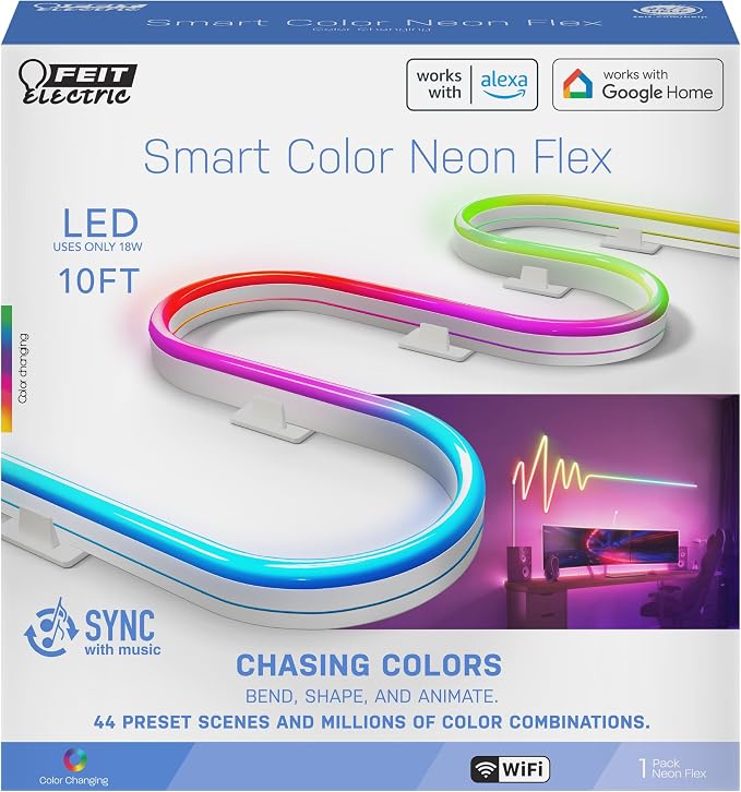 Feit Electric Smart Neon Strip Lights 10FT, Flexible RGBW Color Chasing LED Light Strip, 2.4GHz WiFi Enabled, Works with Alexa and Google Home Assistant, 22W, Music Sync, App Control NF10/CHASE/AG
