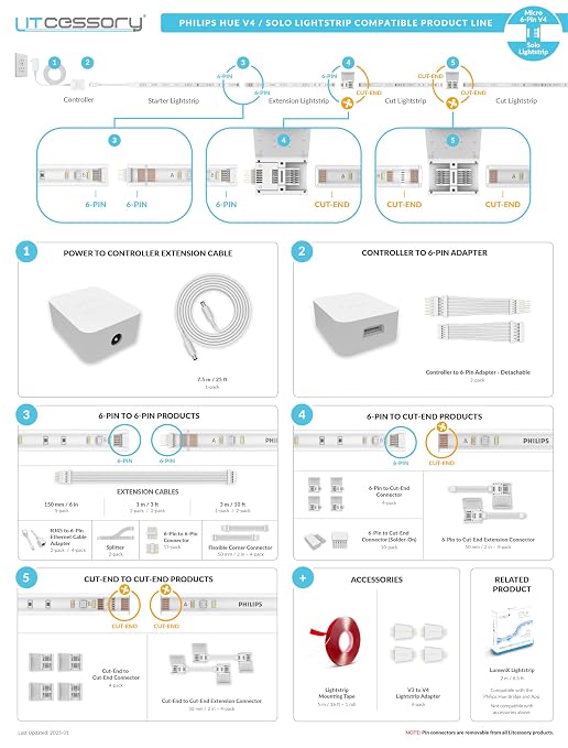 Litcessory Flexible Corner Connector for Philips Hue V4/Solo Lightstrip | Micro 6-Pin, 2in, 4 Pack, White. Not compatible with Flux.