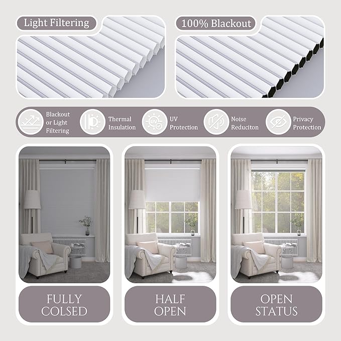 Motorized Cellular Shades with Cordless, Smart Electric Honeycomb Blind with Remote Control, Blackout or Light Filtering Fabric, Automatic Cellular Shades for Home and Office Indoor Window