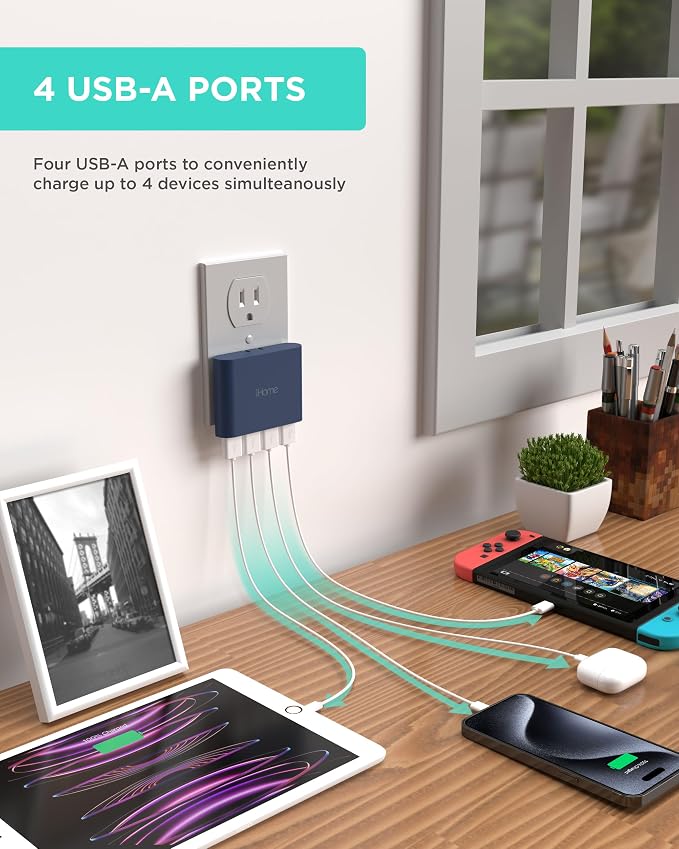 iHome Slim 4-Port USB Wall Charger, Flat Multiport Travel Plug Adapter | Foldable Prongs, 2.4A Rapid Charge Port, Charges iPhone, Android, iPad, AirPods, Travel-Friendly, Charging Block for Home Use
