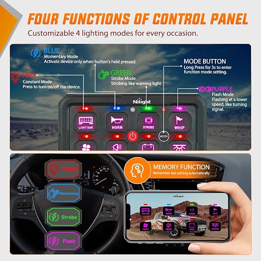Nilight 8 Gang Switch Panel APP RGB 12V 24V Circuit Control System 4-Mode | Fuse Wiring Harness APP Remote Control Automatic Dimmable Toggle/Momentary/Strobe/Flash for Car Pickup Truck Camper SUV