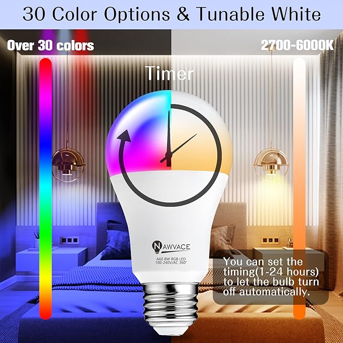 LED Color Changing Light Bulb with Remote Control, 60W Equivalent RGB Bulbs, 8W Dimmable E26 A19 2700K-6000K Warm White Indoor/Outdoor Colored Light Bulbs for Bedroom, Living Room, 2-Pack