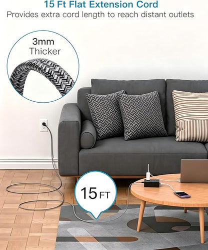 Surge Protector Power Strip 15 Ft Cord, Ultra Thin Flat Extension Cord with 8 Outlets 4 USB Ports(2 USB C), Flat Plug Power Strip, 15 Ft Long Braided Power Strip for Home, Office, Dorm Room, Black