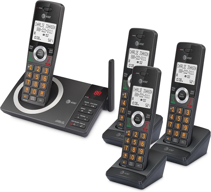 AT&T 4-Handset Expandable DECT 6.0 Cordless Home Phone with Large Display, Big Buttons, Answering Machine, Smart Call Blocker, Long Range, Caller ID, Speakerphone, Intercom: CL82418 (Charcoal Black)