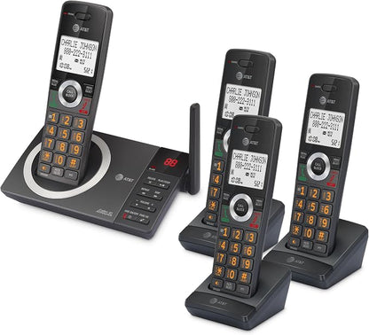 AT&T 4-Handset Expandable DECT 6.0 Cordless Home Phone with Large Display, Big Buttons, Answering Machine, Smart Call Blocker, Long Range, Caller ID, Speakerphone, Intercom: CL82418 (Charcoal Black)