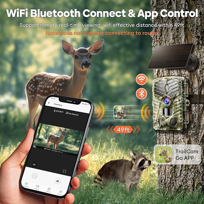 Solareye Trail Camera WiFi - Solar Powered 4K 64MP Game Cameras with Night Vision Motion Activated Waterproof with 32GB Micro SD Card, IP66 120° Detection Angle 0.2s Trigger 940nm No Glow LED Wildlife