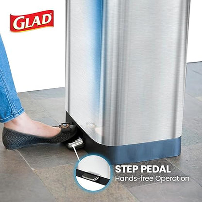Glad GLD-74506 Stainless Steel Step Trash Can with Clorox Odor Protection | Large Metal Kitchen Garbage Bin with Soft Close Lid, Foot Pedal and Waste Bag Roll Holder, 13 Gallon, Stainless