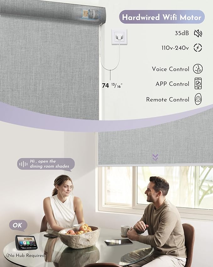 Graywind Smart Blackout Roller Shades Work with Alexa Google WiFi Hardwired Triple Weaved Fabric Motorized Blinds Remote Window Shades, Custom Size (Cloudy Grey)