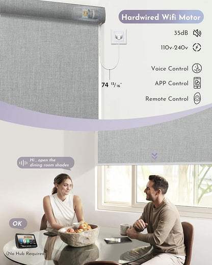 Graywind Smart Blackout Roller Shades Work with Alexa Google WiFi Hardwired Triple Weaved Fabric Motorized Blinds Remote Window Shades, Custom Size (Cloudy Grey)