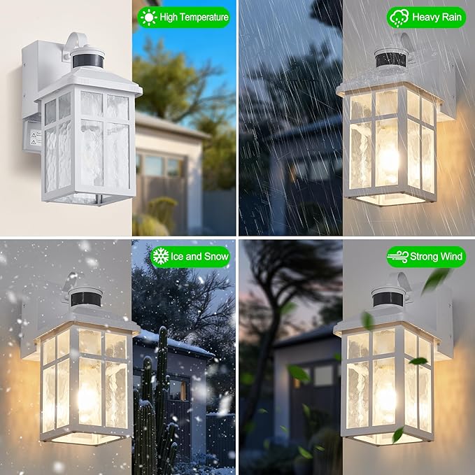2 Pack Porch Light with Outlet and Remote Control - Plug in Outdoor Wall Lights with GFCI Exterior Lighting Fixtures Adjustable 3 Sensitivity Levels and 1-10min Delay for Porch, Patio, Entryway(White)
