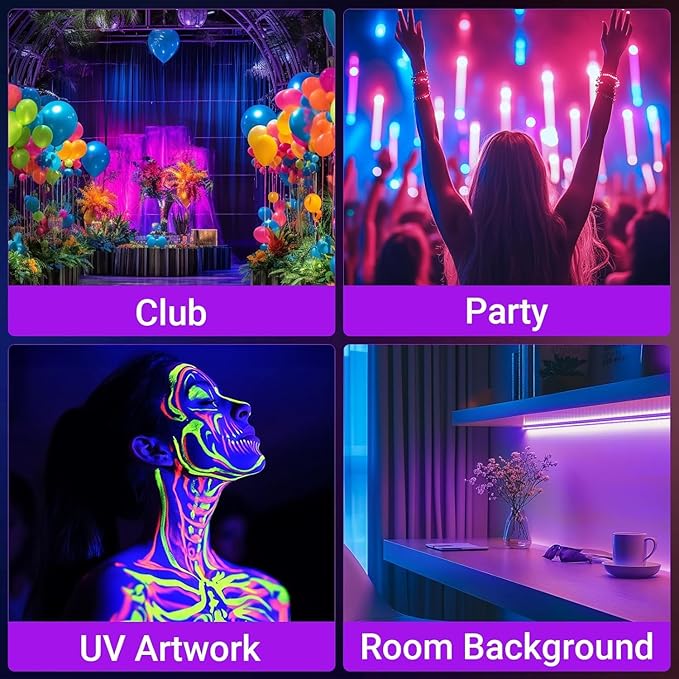 38W LED Black Light Bar (6-Pack) - High Power UV Blacklight with Plug & Switch, Covers 484 Sq.Ft for Glow Parties, Halloween Decorations, Stage & Bedroom Lighting