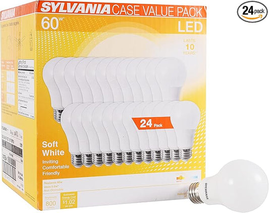 Sylvania LED A19 Light Bulb, 60W Equivalent, Efficient 8.5W, 10 Year, 2700K, 800 Lumens, Frosted, Soft White (74765), Packaging May Vary (Pack of 1, 24 Count Total)