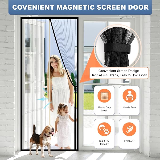 METAONLY Magnetic Screen Door Mesh Fits 30" x 80" Door - Curtain Size 32" x 82", Works for Patio, Sliding Door, Keeps Bug Mosquito Out, Fresh Air Flow, Black with Stay-Open Straps