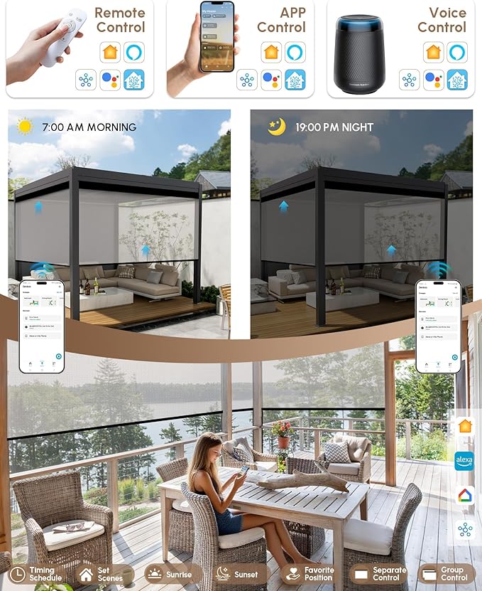 Kincmo Motorized Outdoor Shades for Patio Porch, Custom Outdoor Motorized Blinds with Remote, Waterproof & Windproof Patio Shades Work with Apple Homekit,Alexa,Google (5% Openness White)